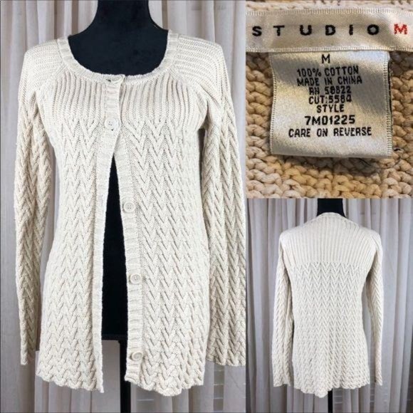 Studio M button down Sweater. Cream colored, medium - Picture 2 of 6